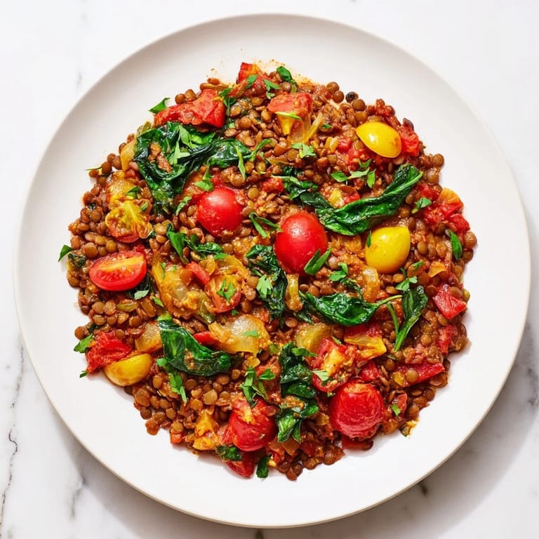 Warm, inviting image of a one-pan Lentil-Tomato Skillet, ready to be served, a comforting vegetarian main.