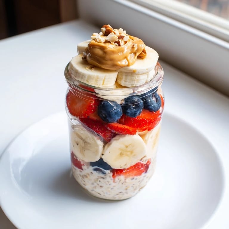 Cool, creamy Overnight Oats Jars overflowing with fresh berries and rich peanut butter swirls are ready to eat.