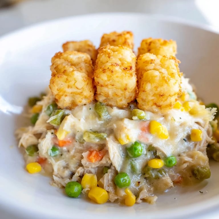 Hearty, comforting chicken pot pie with tater tot topping, perfect for a family dinner.