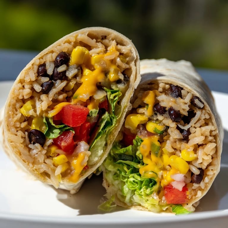 Filled with vegetables, these rice and bean burritos offer vibrant colors and delicious textures.