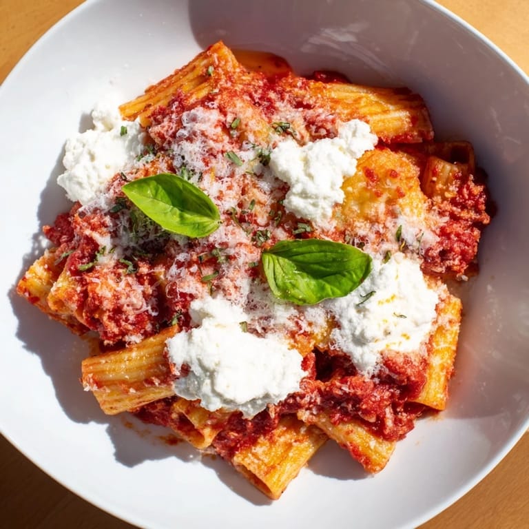 Freshly baked One-Pan Baked Ziti, featuring golden, bubbly cheese over tender pasta and a rich tomato sauce.