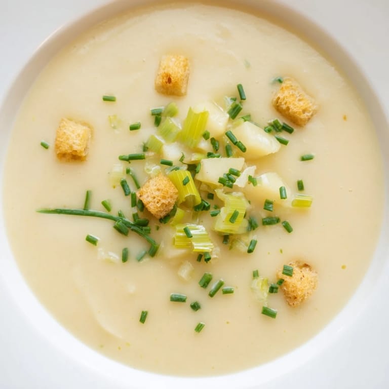A close-up view of creamy Potato Leek Soup, featuring visible potato chunks and aromatic herbs.