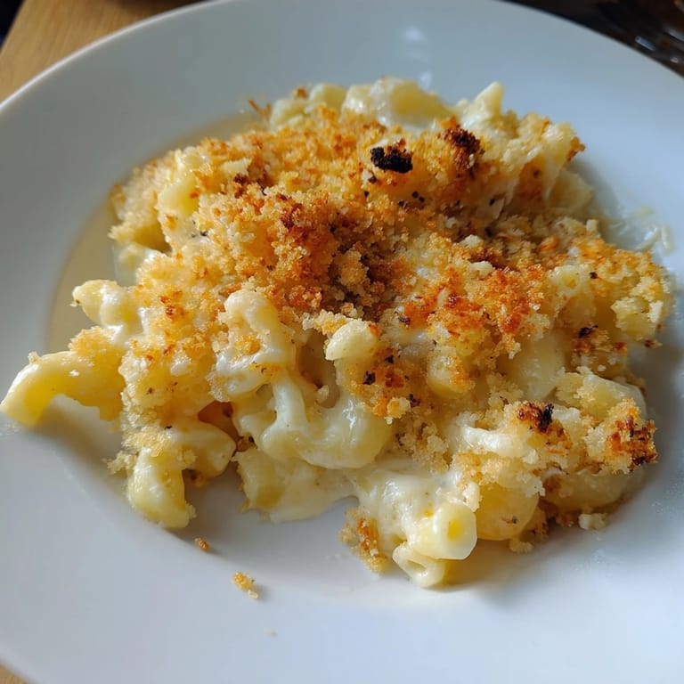 A close-up of cheesy Baked Macaroni and Cheese, showing a creamy texture with a golden crust.