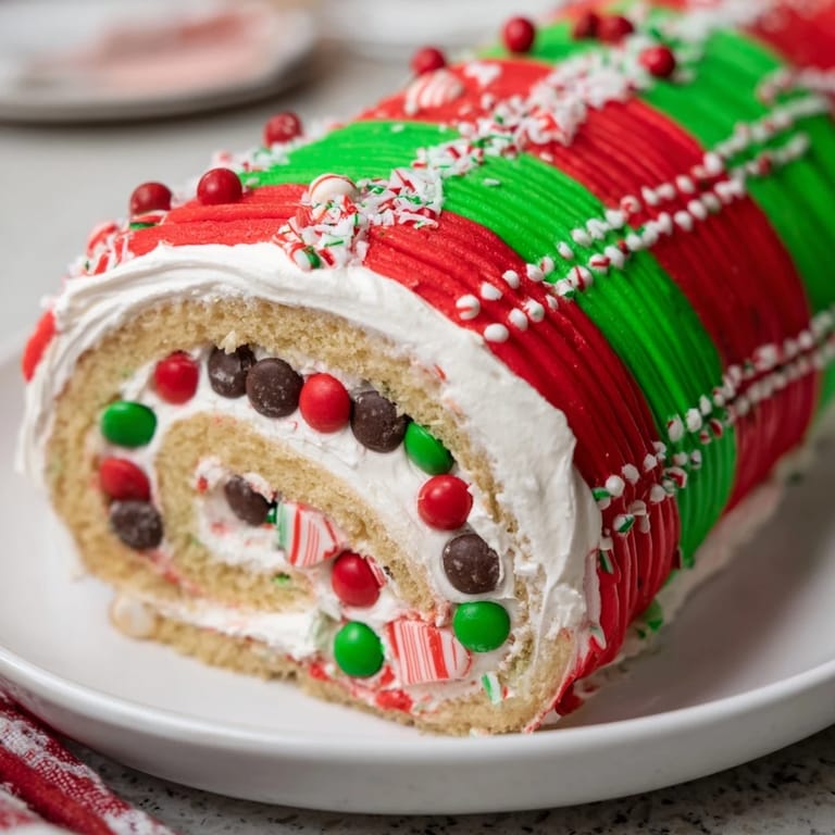 This Ugly Sweater Cake Roll features vibrant red and green frosting, a delicious and fun American treat.