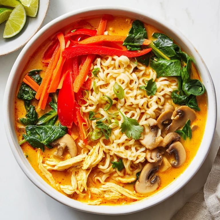 A close-up of delicious Curry Coconut Ramen, garnished with fresh cilantro and lime wedges.