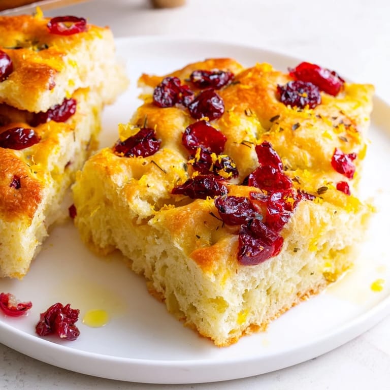 Fresh cranberries dot the top of this gorgeous cranberry orange focaccia, perfect for brunch or a light meal.
