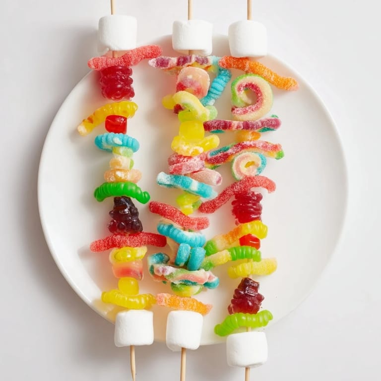 Sweet and playful gummy candy kabobs, a colorful dessert skewers perfect for kid's parties or a snack.
