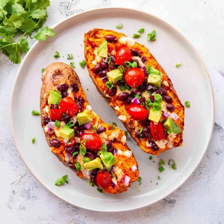 Enjoy a hearty, vegetarian meal: baked sweet potatoes piled high with vibrant, fresh ingredients.