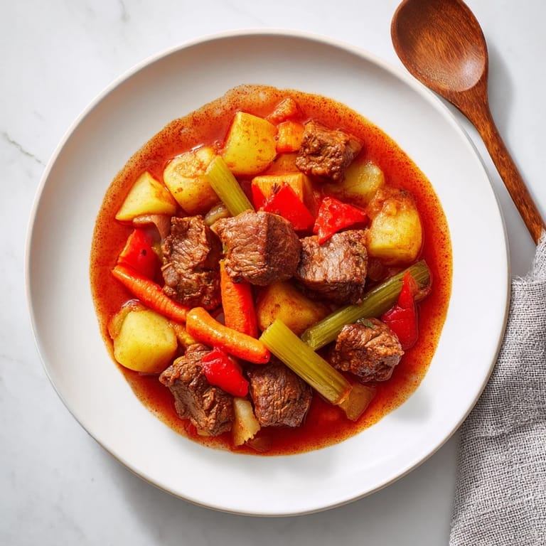 Close-up of a steaming bowl of Smoked Paprika & Garlic Beef Stew, perfect for a cozy dinner.