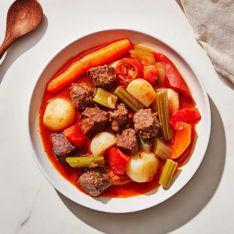 Hearty Smoked Paprika & Garlic Beef Stew, with chunks of vegetables and falling-apart beef, looks delicious.