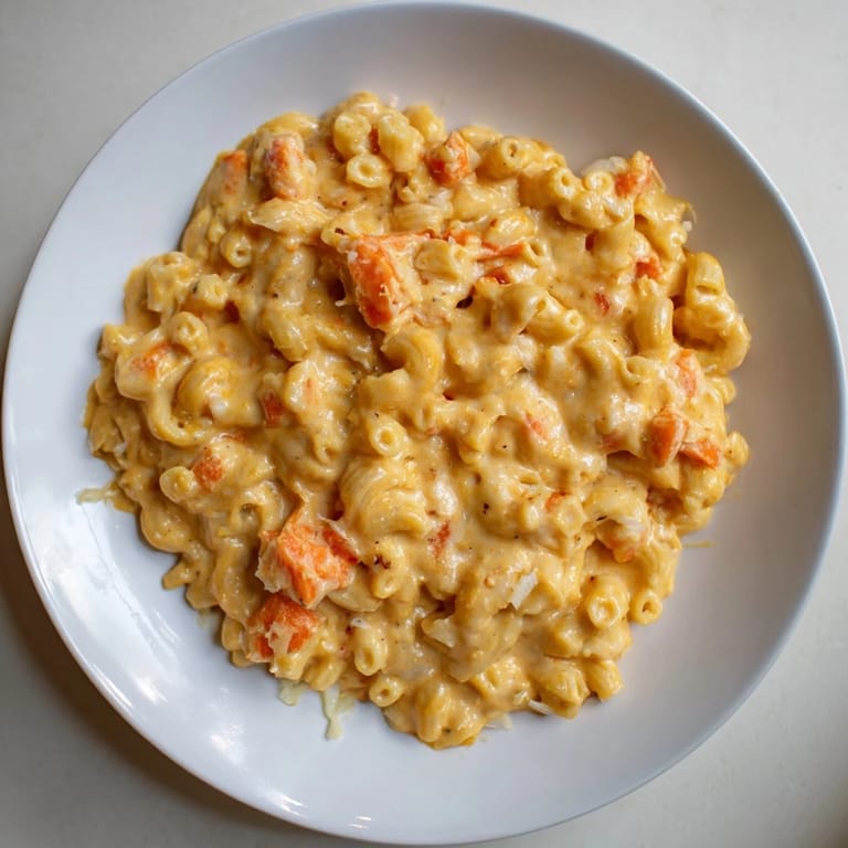 This picture reveals a rich, golden butternut squash mac & cheese, ready to be served hot and cheesy.