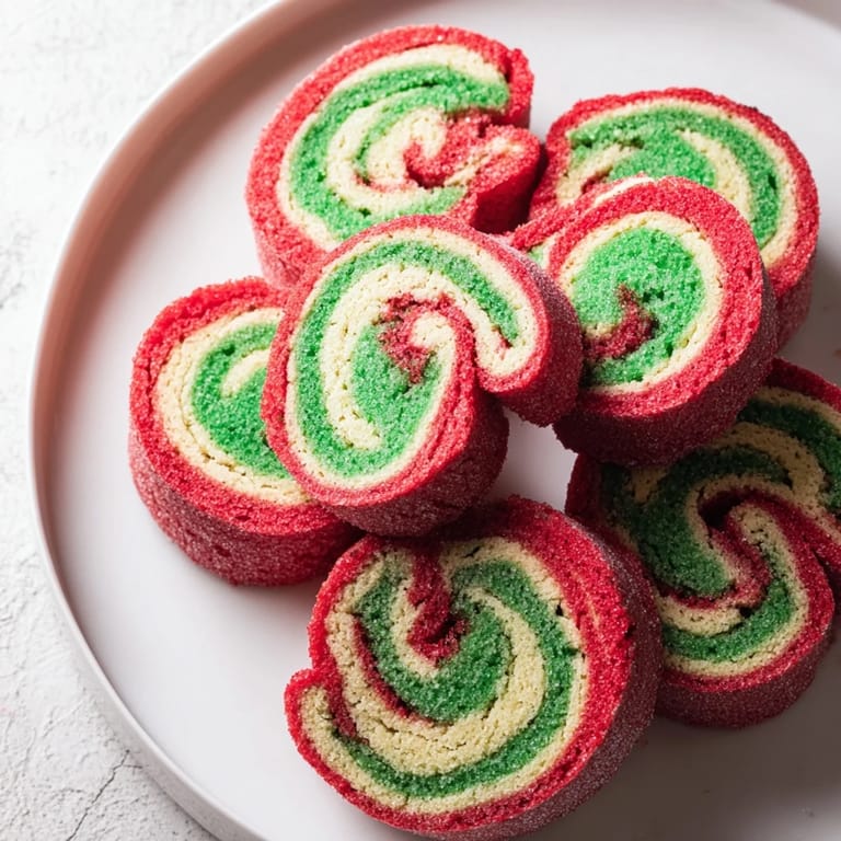 Close-up of freshly sliced Holiday Pinwheel Cookies showing colorful spiral design, ready for a cookie exchange.
