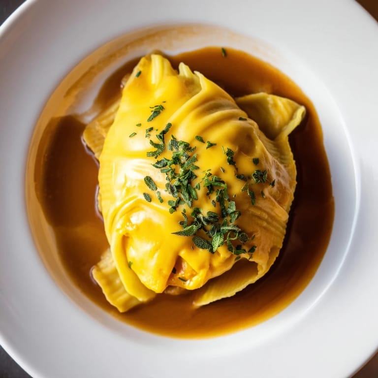 Creamy Pumpkin & Gouda Stuffed Shells, a vegetarian Italian-American comfort food, ready to serve with warm sauce.