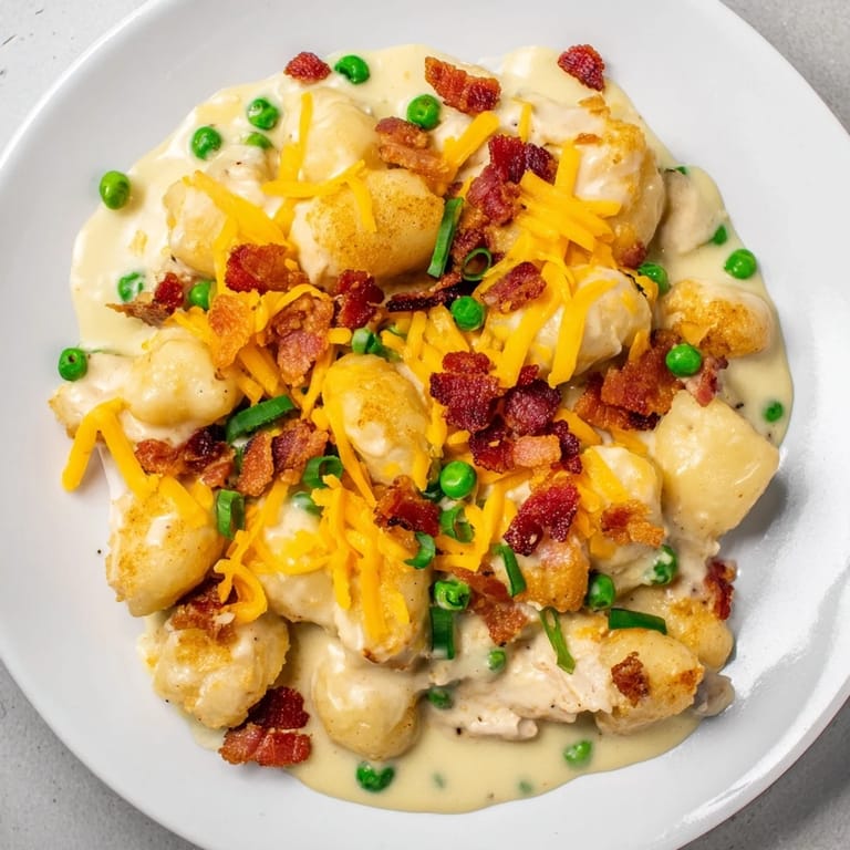 A hearty bowl of Creamy Crack Chicken Gnocchi, showcasing tender chicken with bacon and peas.