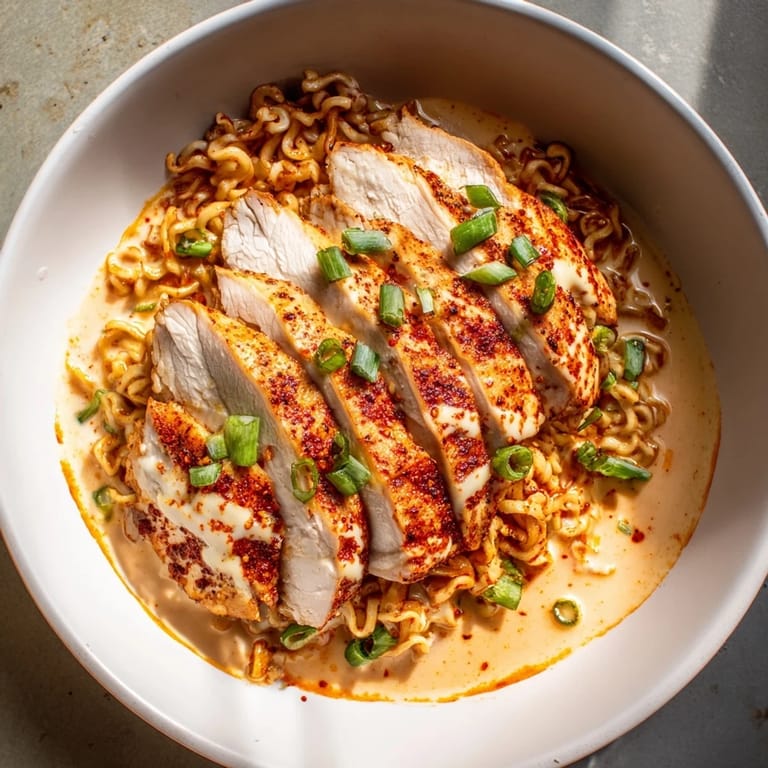 Delicious Fiery Chicken Ramen, a comforting bowl, with spicy broth and perfectly cooked noodles garnished with scallions.