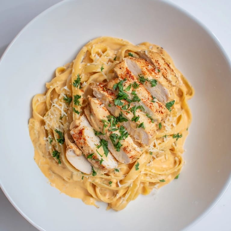 Hearty and flavorful: a warm bowl of Cajun Chicken Alfredo Fettuccine with perfectly-cooked chicken, waiting to be enjoyed.