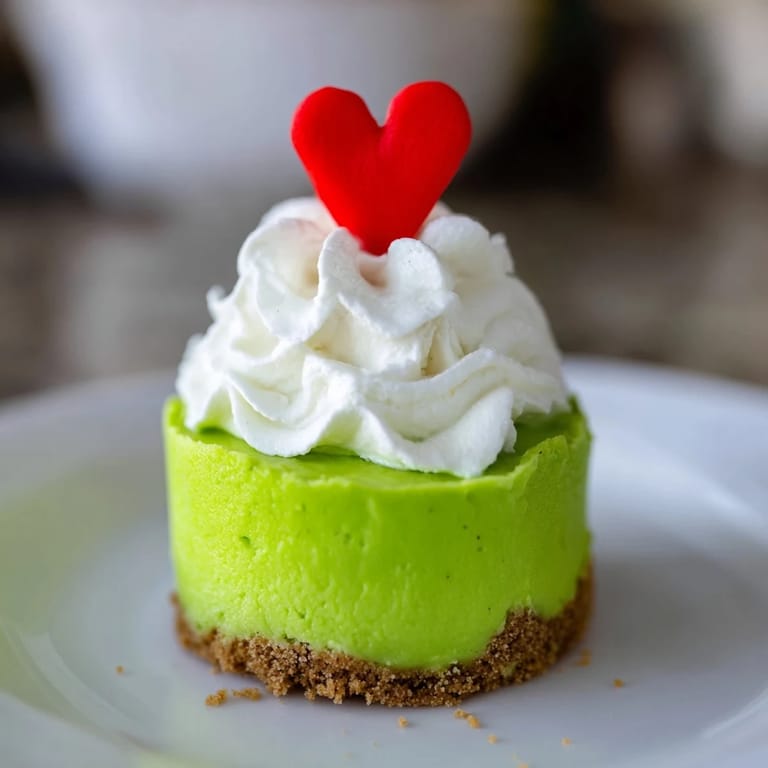 Close-up of vibrant Grinch mini cheesecakes, a delicious dessert with a fun Christmas twist.
