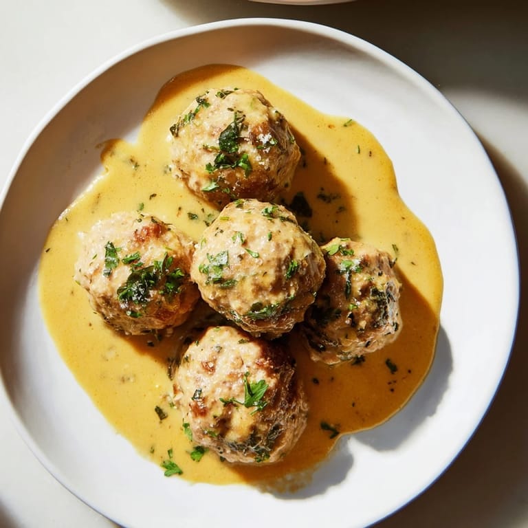 Homemade turkey meatballs coated in creamy pumpkin sage sauce, ready to serve over pasta.