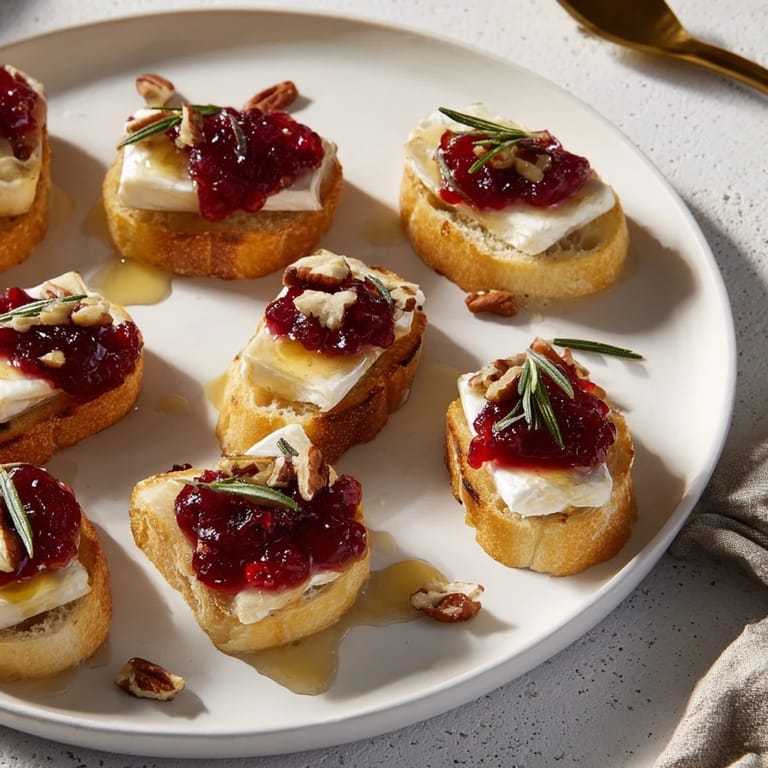 Elegant Quick Cranberry Brie Crostini appetizer with creamy melted Brie, cranberry sauce, and toasted baguette for serving.