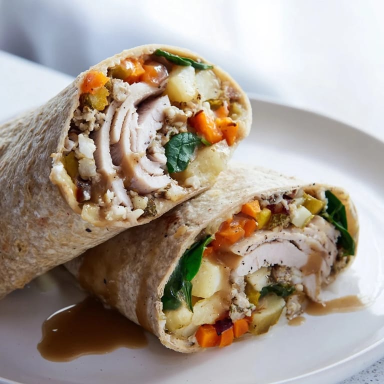 Image of a Simple Christmas Leftover Wrap Hack, a handheld meal with savory turkey, potatoes, and gravy inside.