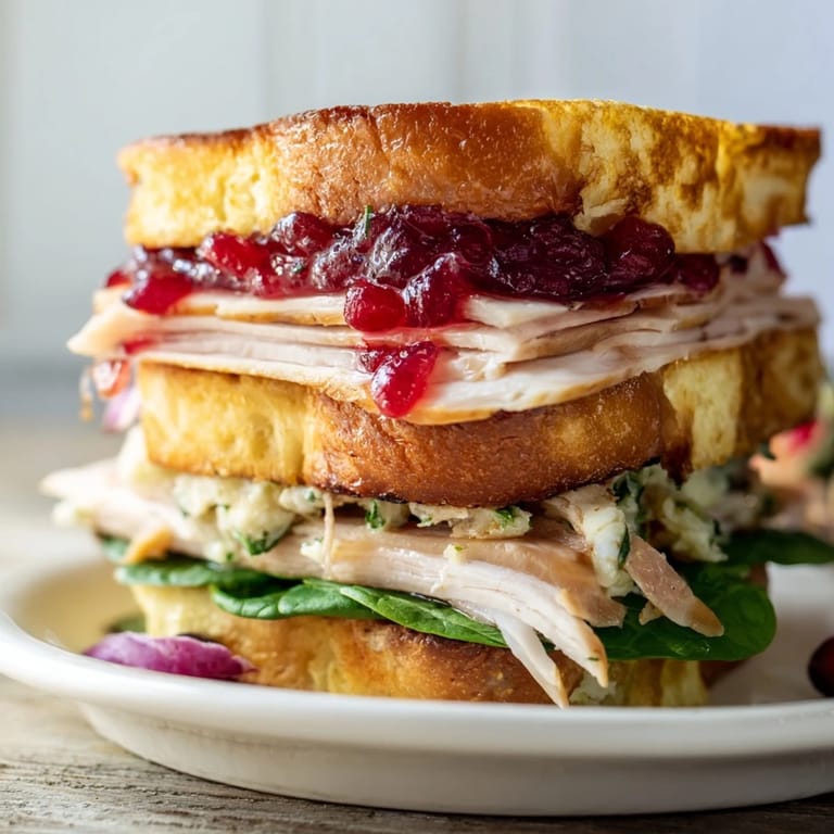 A close-up of a grilled Budget Christmas Sandwich on Brioche, inviting with melted cheese and fresh spinach.