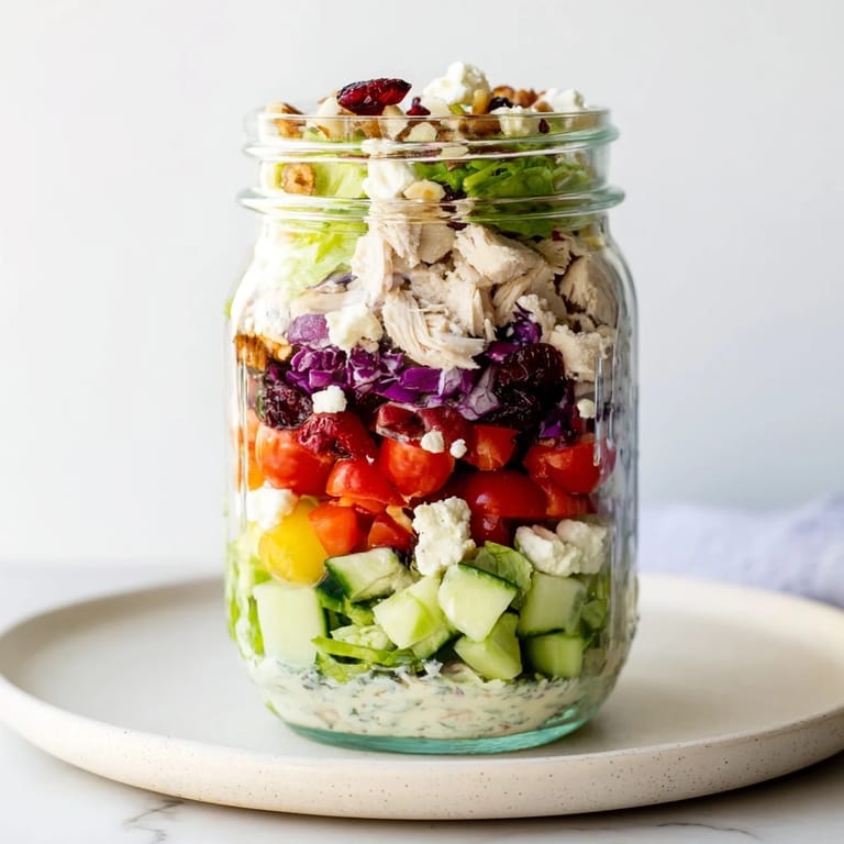 This festive Layered Holiday Chopped Chicken Salad Jar offers a delicious holiday meal in a mason jar, ready to grab.