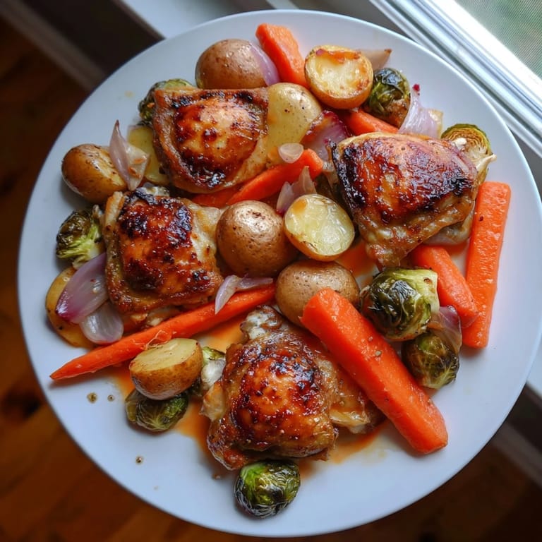 Vibrant image of sheet pan chicken with cranberry vinaigrette: juicy chicken and caramelized vegetables, ready to serve.