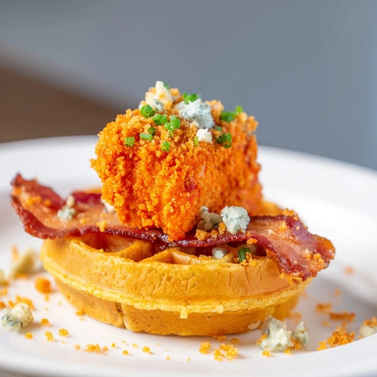 A close-up of delicious Crispy Buffalo Chicken and Bacon Waffle Bites, ready to enjoy.