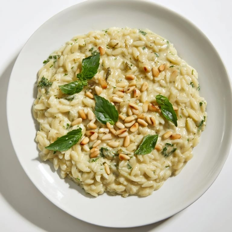 Enjoy a close-up of the silky, delicious 15-Minute Creamy Pesto Risoni, perfect for any meal.