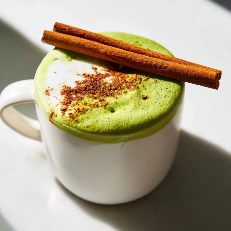 Enjoy a layered Maple Cinnamon Gingerbread Matcha Oat Latte; warm, spicy, and perfectly sweetened with maple syrup.