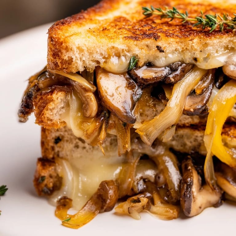 Crispy golden sourdough encases a warm and cheesy Roast Garlic Mushroom & Thyme Grilled Cheese sandwich, a comfort food classic.