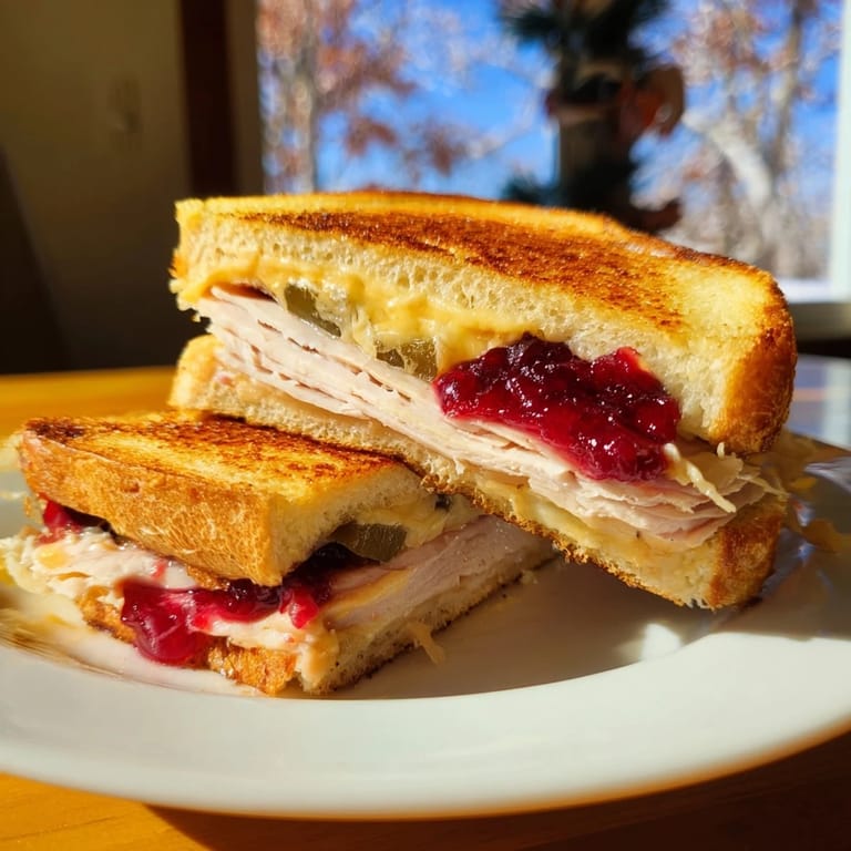 Warm, toasted Air Fryer Jalapeño Cranberry Turkey Grilled Cheese sandwich with a sweet and spicy aroma.