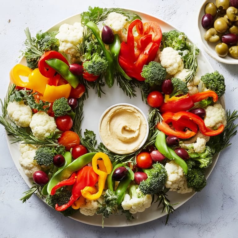 A festive, beautifully arranged Garland Veggie Wreath appetizer, loaded with fresh, healthy vegetables.