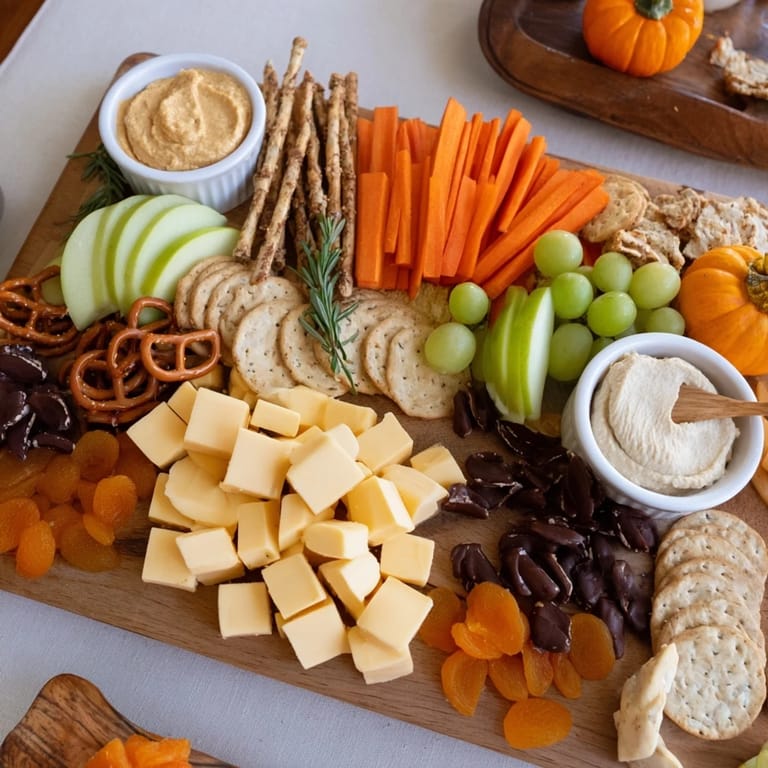 This festive Pumpkin Patch Snack Board showcases a variety of cheeses, crackers, and dips.