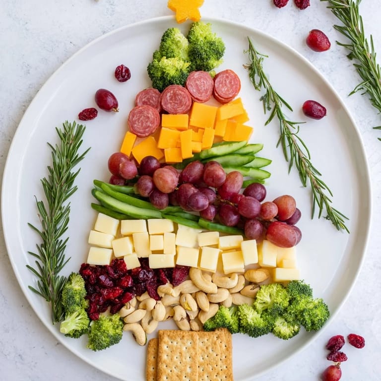 Vibrant Evergreen Tree Snack Board displays cheeses, meats, and fruits, creating a stunning visual feast.