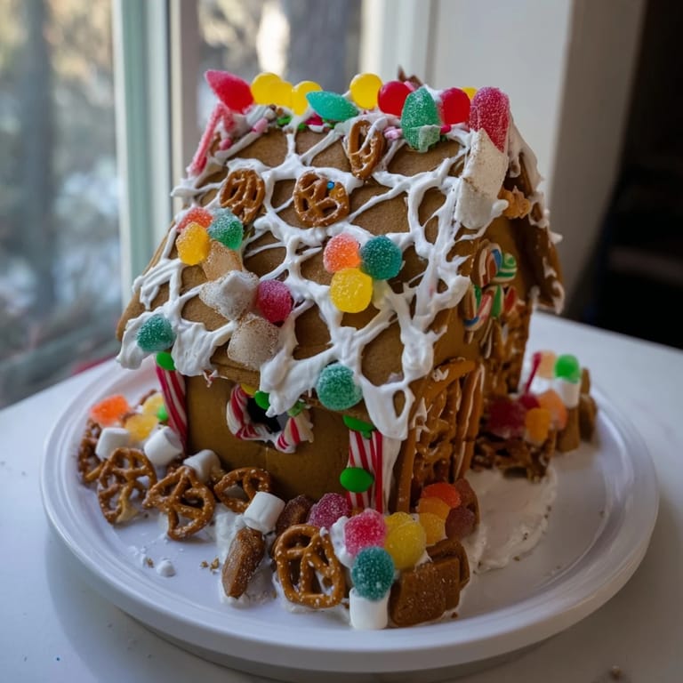 Decorating a festive gingerbread house kit, a fun activity with gingerbread panels and sweet treats.