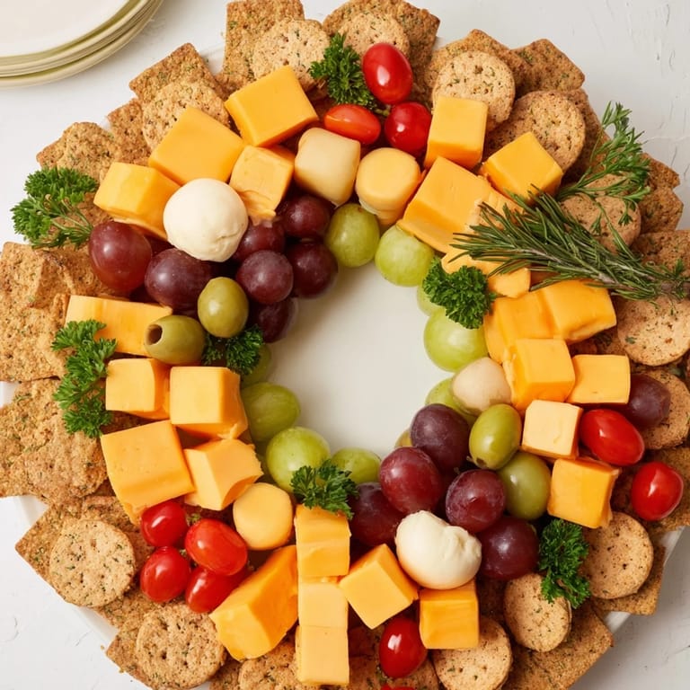Festive Jingle Bell Cheese & Cracker Wreath with fresh rosemary and grapes, ready for holiday parties.