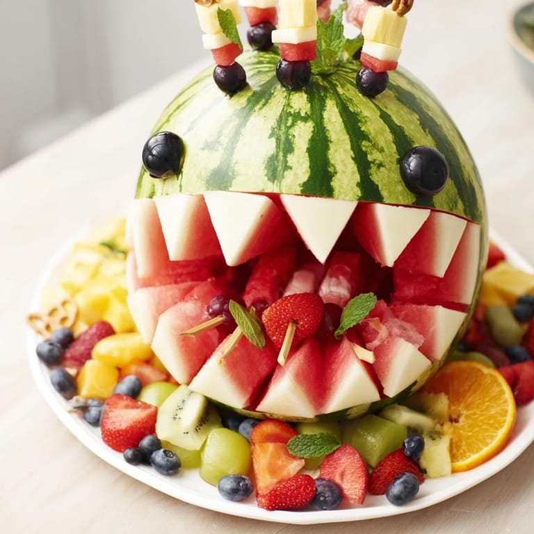 Refreshing Watermelon Wave Shark Snack Board, a creative summer treat with juicy watermelon and grapes.