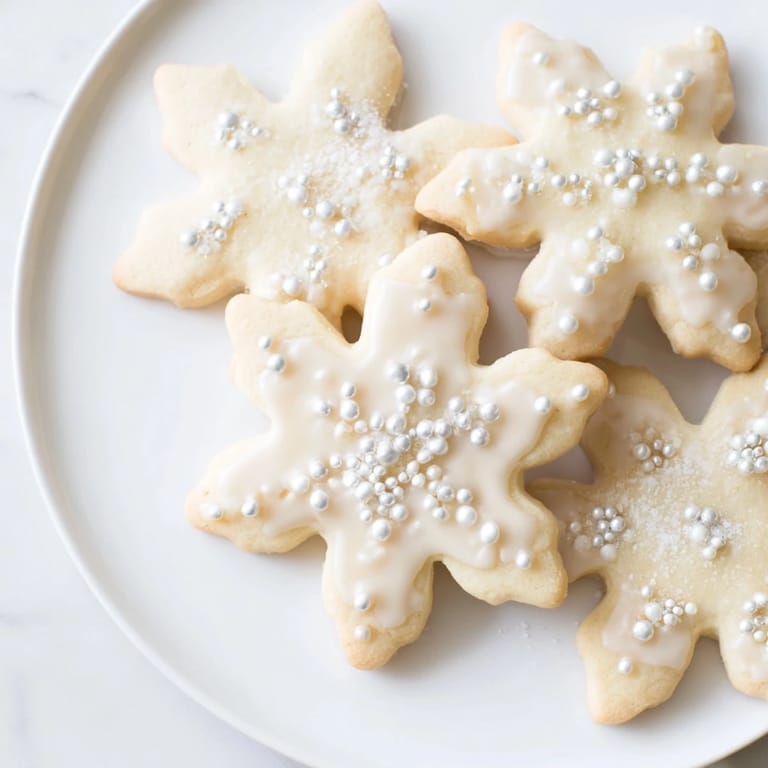 A close-up of our Winter Snowflake Platter filled with white chocolate-covered snowflake cookies and silver sprinkles.