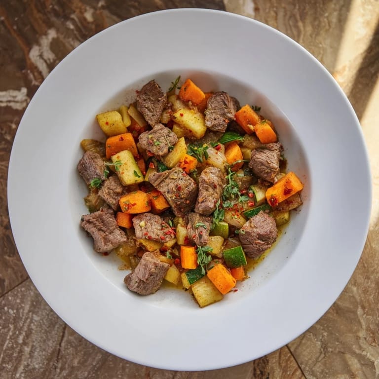 Easy homemade sweet lamb platter with tender lamb and cooked vegetables, ideal for babies.