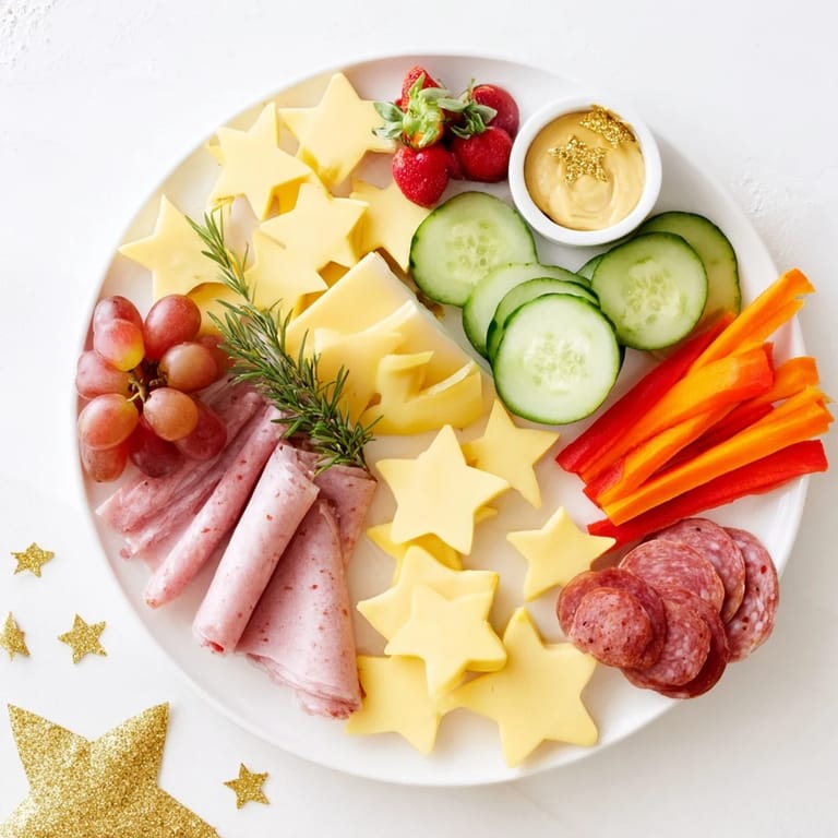 Festive Happy New Year star board showcasing a delicious arrangement of appetizers and dips.