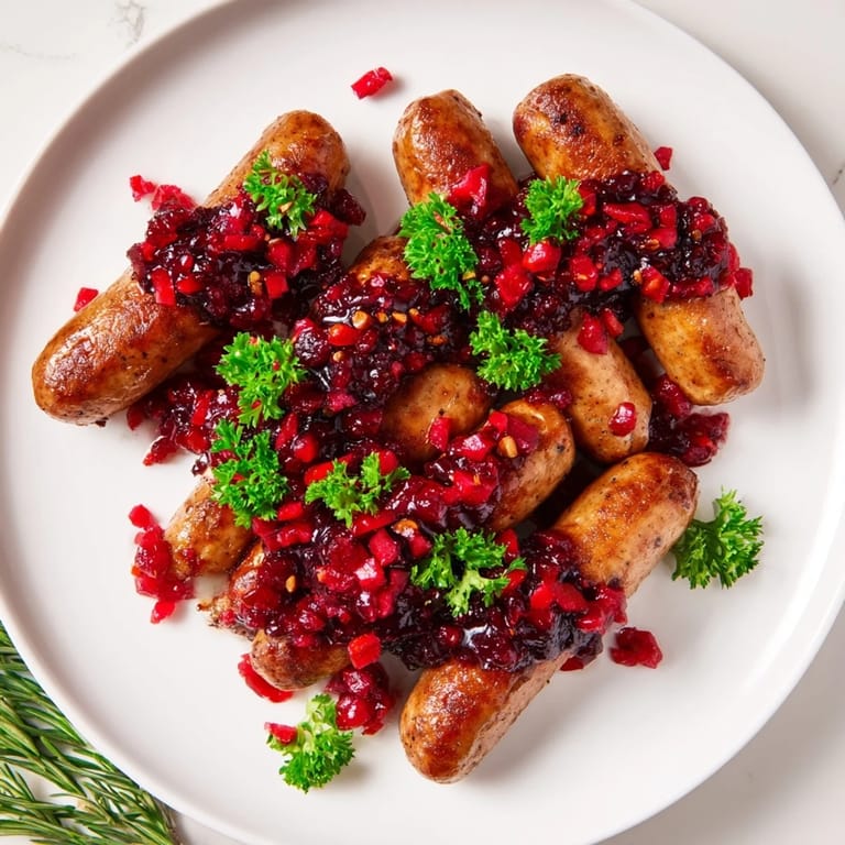 Delectable platter of Festive Holly Berry Sausage Bites, a Spanish-inspired dish, ready to eat and enjoy.