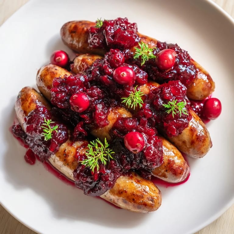 Close-up of savory Festive Holly Berry Sausage Bites, perfect appetizers for your holiday party.