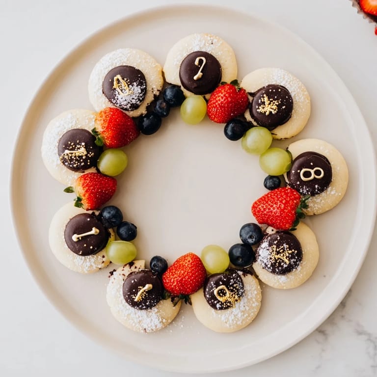 New Year's Eve Sparkling Clock Countdown Platter: A clock-shaped dessert with gold sprinkles, ready to serve.