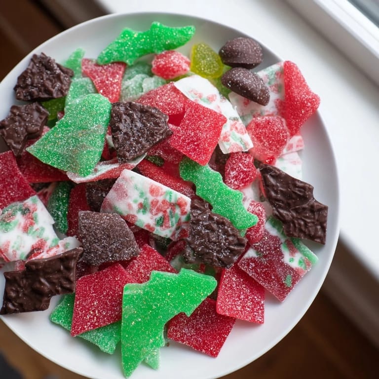 Homemade Jingle Bell Rock Candy, along with chocolate treats, arranged on a festive holiday platter.