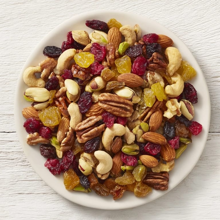 Close-up of a festive bowl featuring assorted nuts and dried fruit, perfect snack.