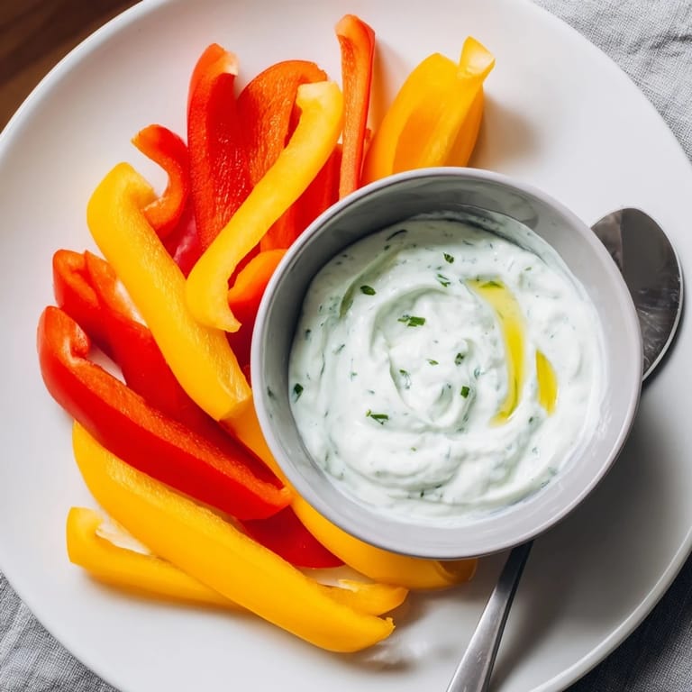 Fresh, colorful bell pepper strips arranged for dipping into creamy Greek yogurt, ready to enjoy.
