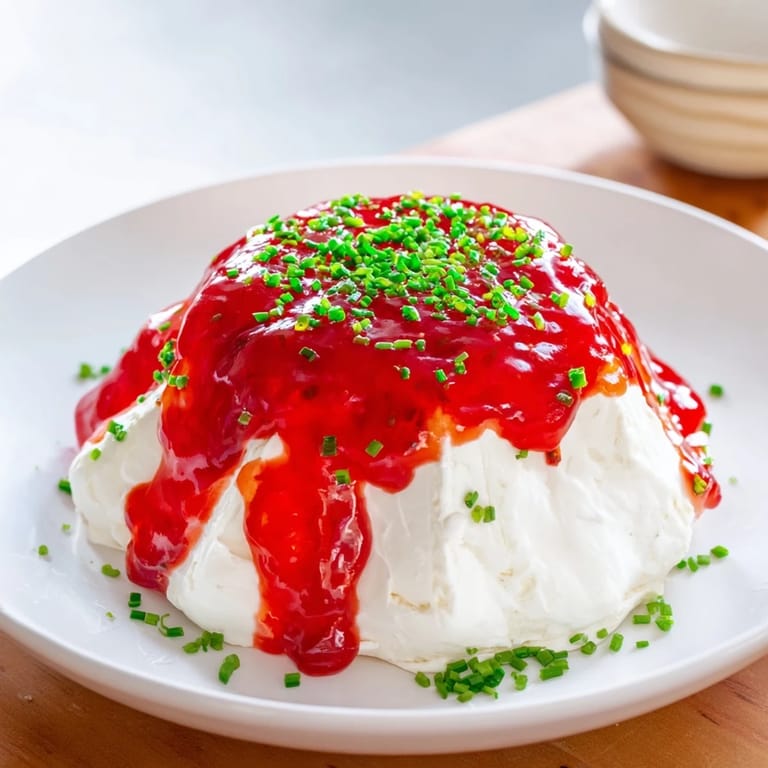 A close-up of the Cream Cheese and Pepper Jelly Star Apperizer, creamy and topped with a glossy, sweet-spicy layer.