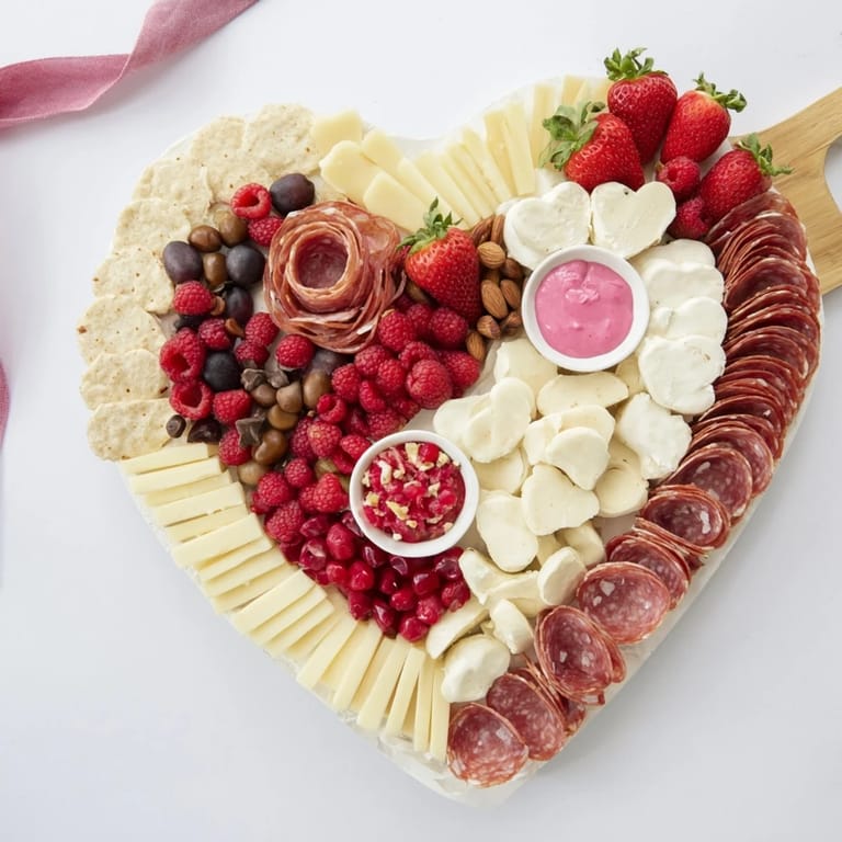Delectable The Heart of Romance Board: a romantic spread with strawberries, goat cheese, and heart-shaped crackers.
