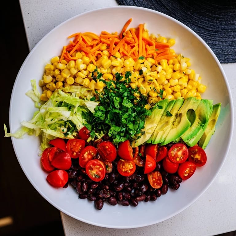 Picture layered Southwestern Sunset Palette salad with bands of color, including red chili pepper cheese and fresh avocado slices.